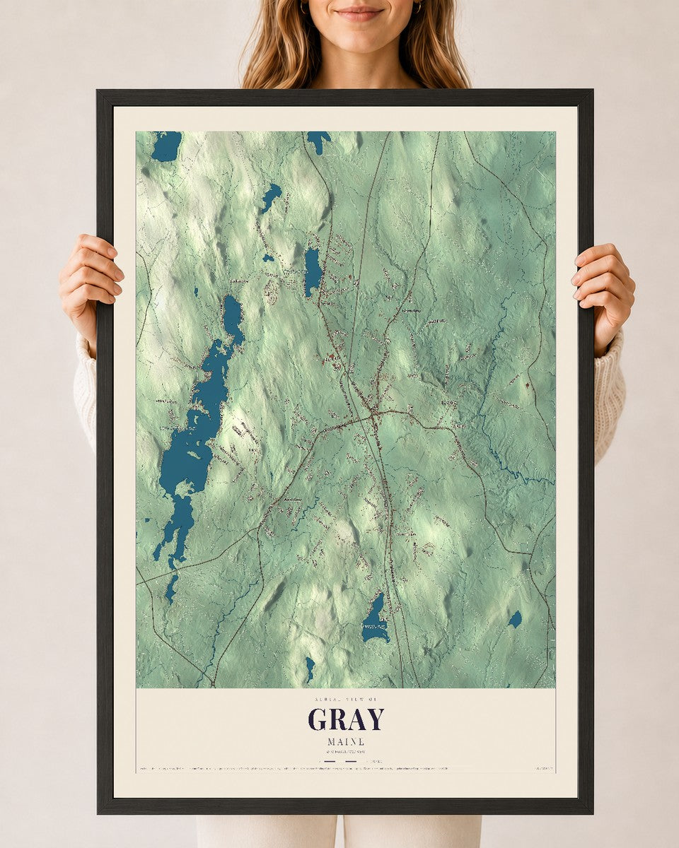 Gray, Maine map print - 24 x 36 black Ayous wood frame