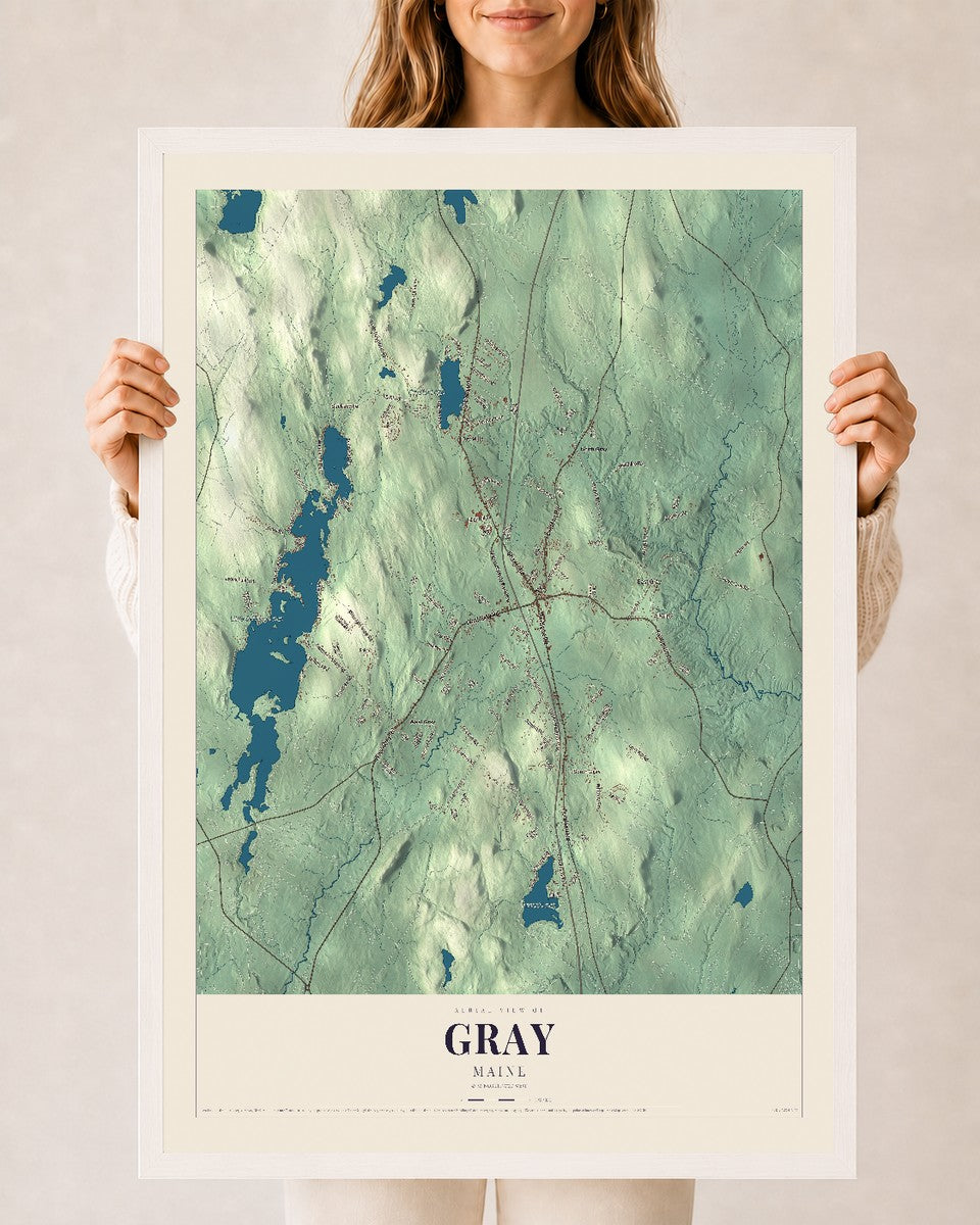 Gray, Maine map print - 24 x 36 white Ayous wood frame