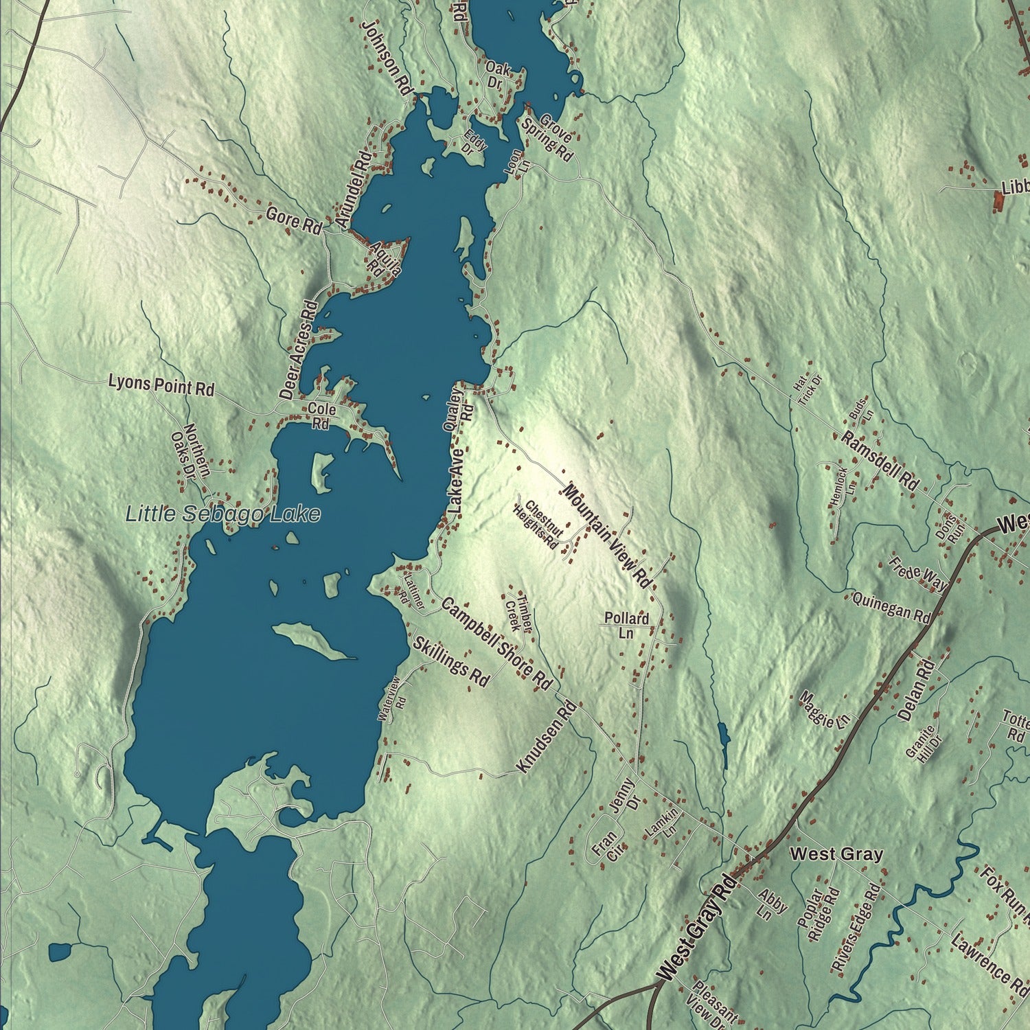 Terrain and local geography detail from the Gray, Maine map