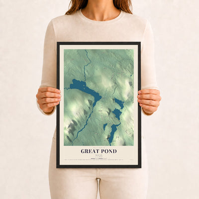 Great Pond, Maine map print - 12 x 18 black Ayous wood frame