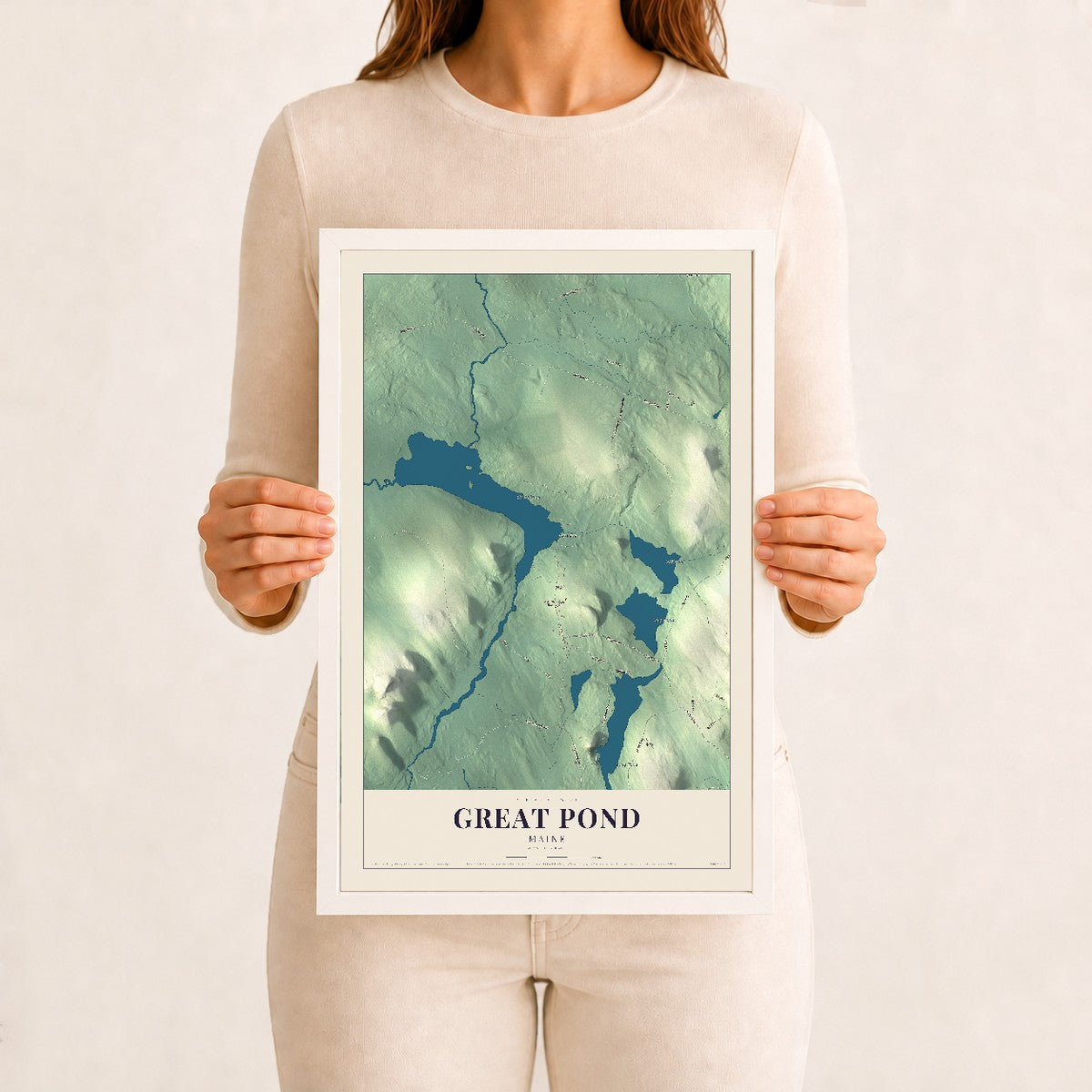 Great Pond, Maine map print - 12 x 18 white Ayous wood frame