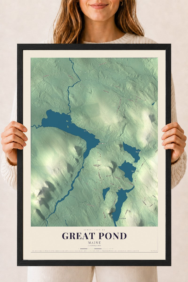 Great Pond, Maine map print - 18 x 24 black Ayous wood frame