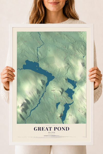 Great Pond, Maine map print - 18 x 24 white Ayous wood frame