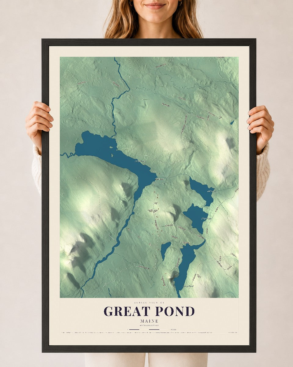 Great Pond, Maine map print - 24 x 36 black Ayous wood frame