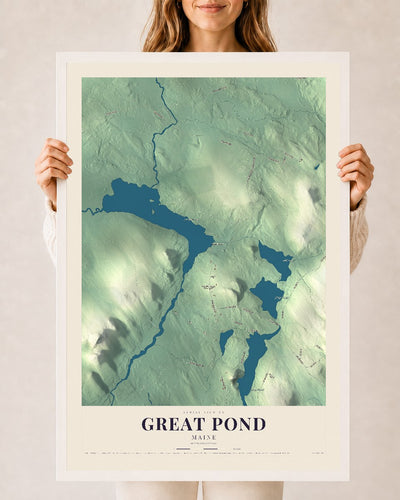Great Pond, Maine map print - 24 x 36 white Ayous wood frame