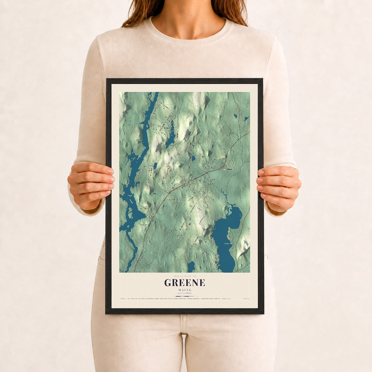Greene, Maine map print - 12 x 18 black Ayous wood frame
