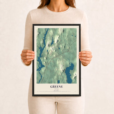 Greene, Maine map print - 12 x 18 black Ayous wood frame