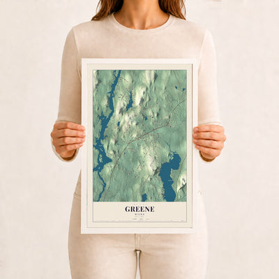 Greene, Maine map print - 12 x 18 white Ayous wood frame