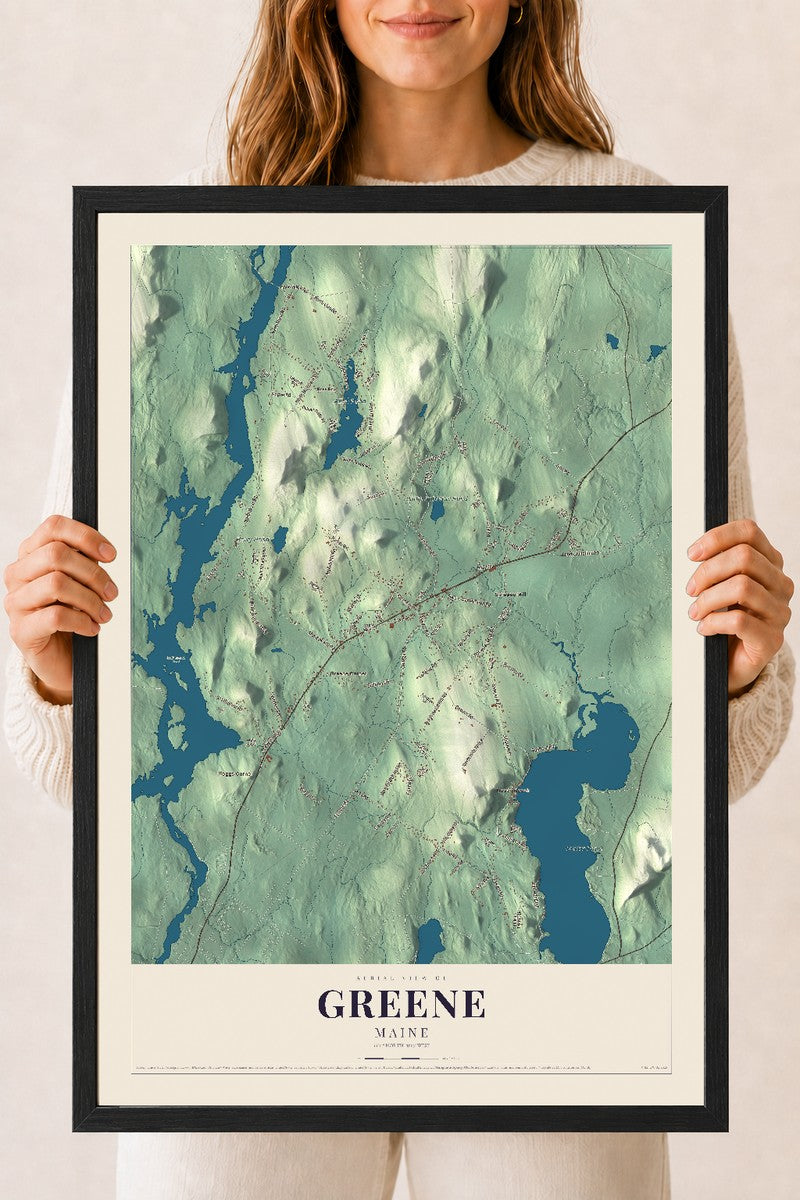 Greene, Maine map print - 18 x 24 black Ayous wood frame