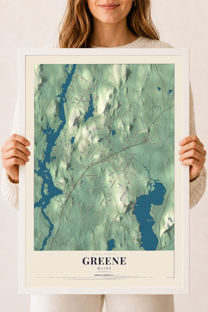 Greene, Maine map print - 18 x 24 white Ayous wood frame