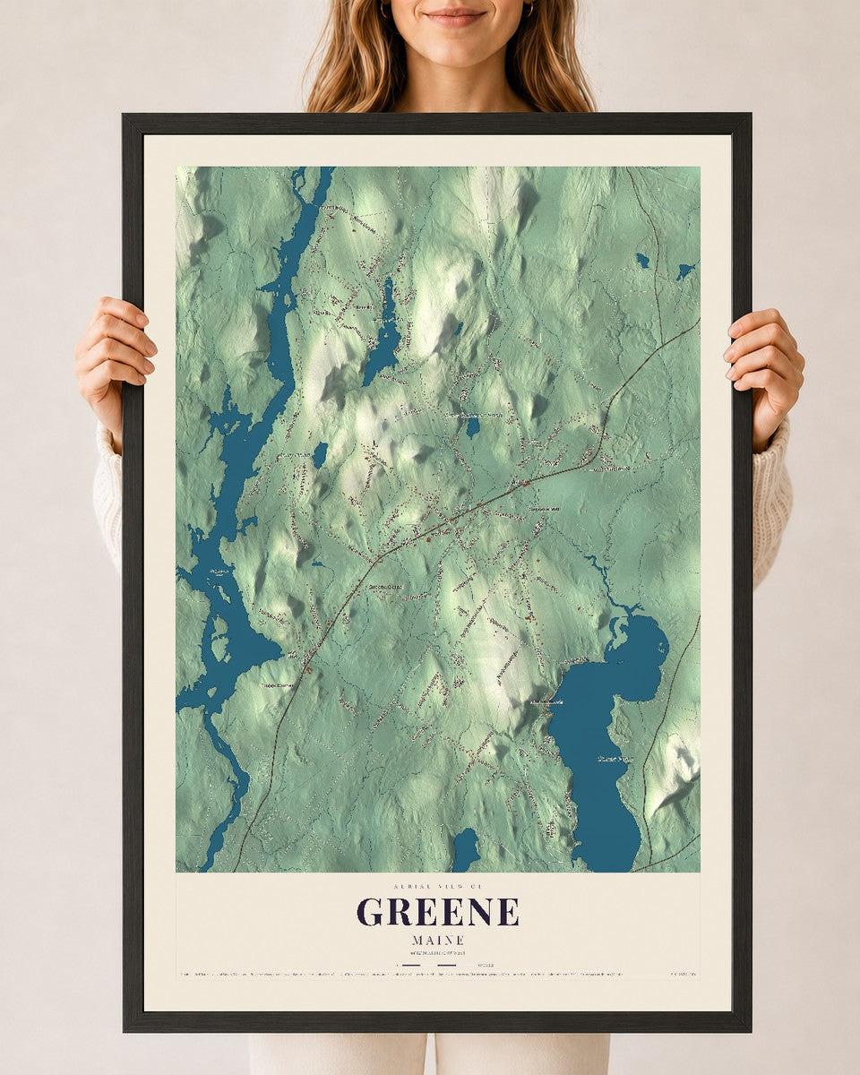 Greene, Maine map print - 24 x 36 black Ayous wood frame