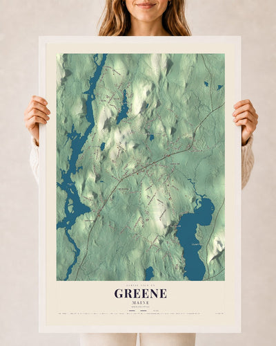 Greene, Maine map print - 24 x 36 white Ayous wood frame