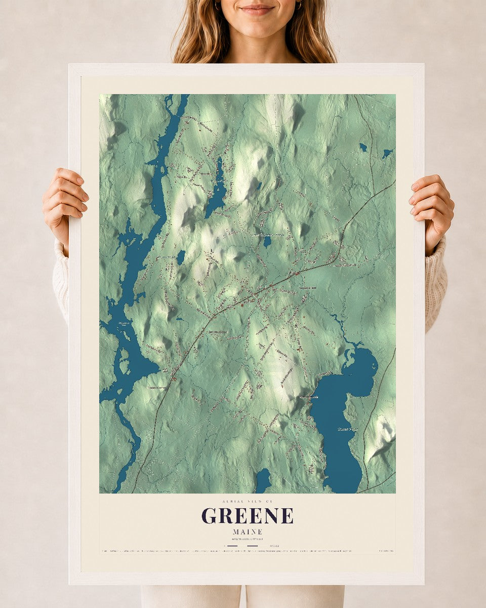 Greene, Maine map print - 24 x 36 white Ayous wood frame