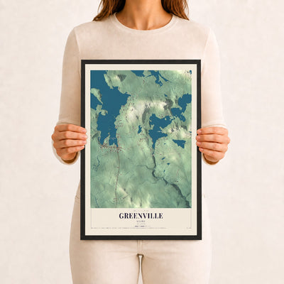 Greenville, Maine map print - 12 x 18 black Ayous wood frame