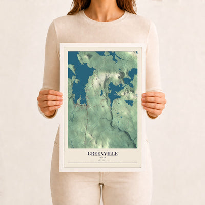 Greenville, Maine map print - 12 x 18 white Ayous wood frame