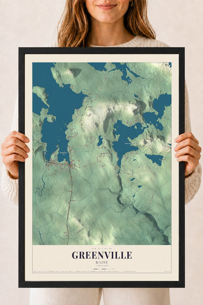 Greenville, Maine map print - 18 x 24 black Ayous wood frame