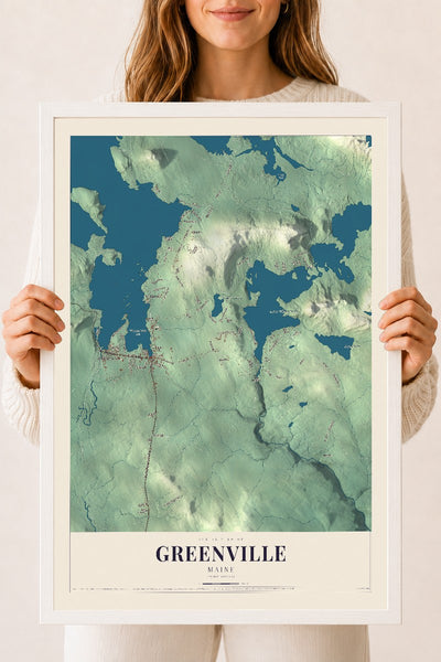 Greenville, Maine map print - 18 x 24 white Ayous wood frame