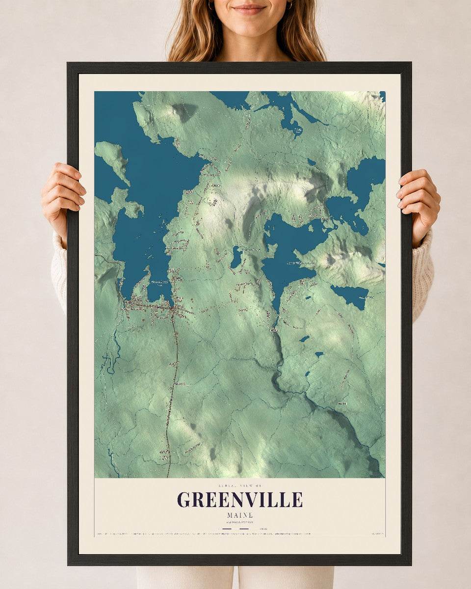 Greenville, Maine map print - 24 x 36 black Ayous wood frame