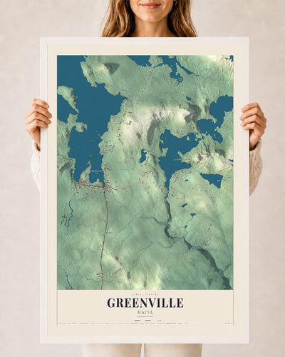 Greenville, Maine map print - 24 x 36 white Ayous wood frame