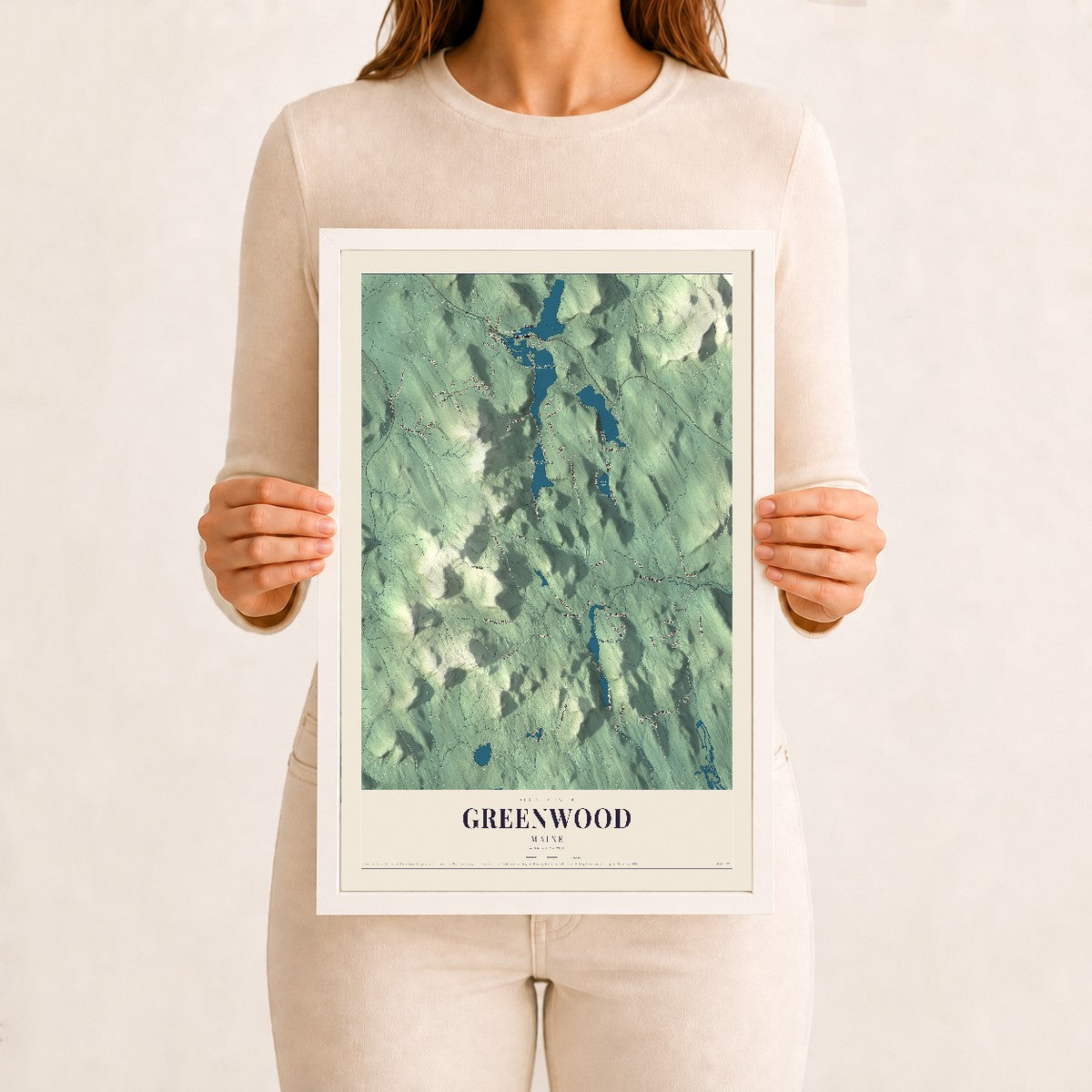 Greenwood, Maine map print - 12 x 18 white Ayous wood frame