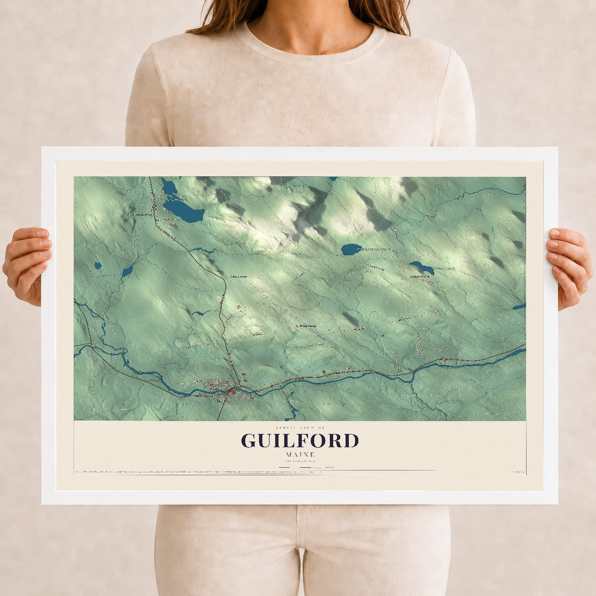 Guilford, Maine map print - 12 x 18 white Ayous wood frame