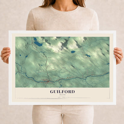 Guilford, Maine map print - 12 x 18 white Ayous wood frame