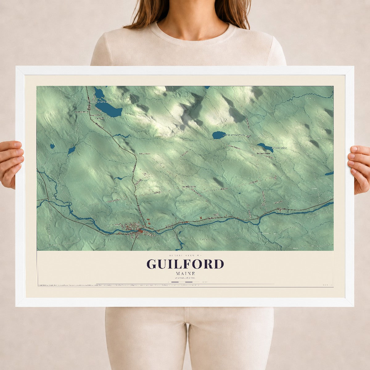 Guilford, Maine map print - 18 x 24 white Ayous wood frame