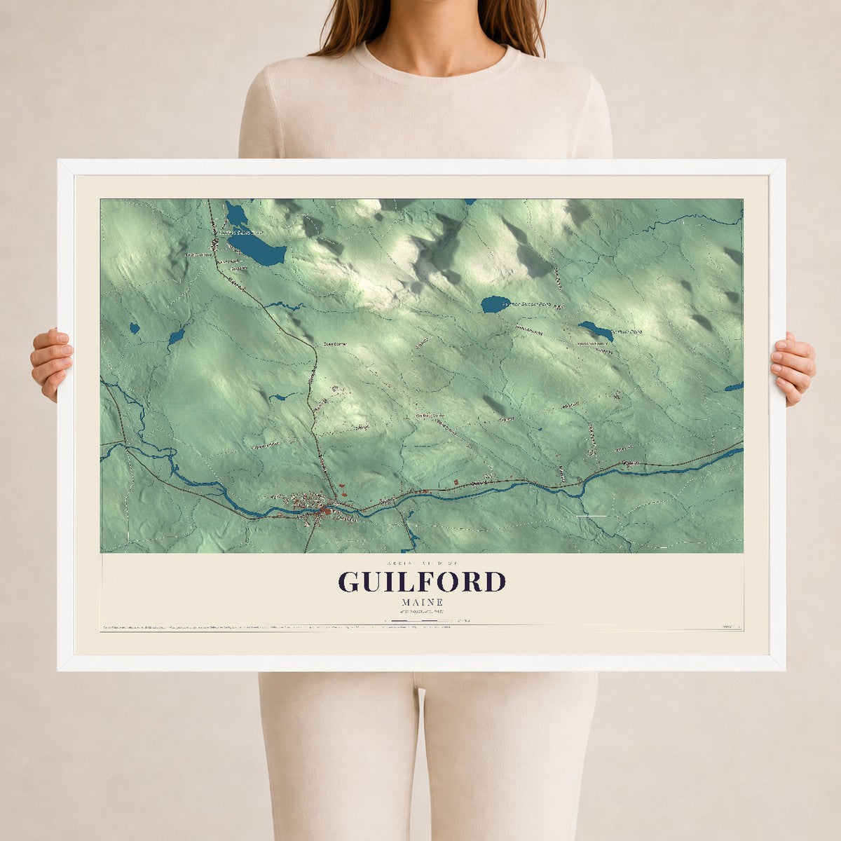 Guilford, Maine map print - 24 x 36 white Ayous wood frame