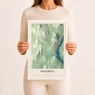 Hallowell, Maine map print - 12 x 18 white Ayous wood frame
