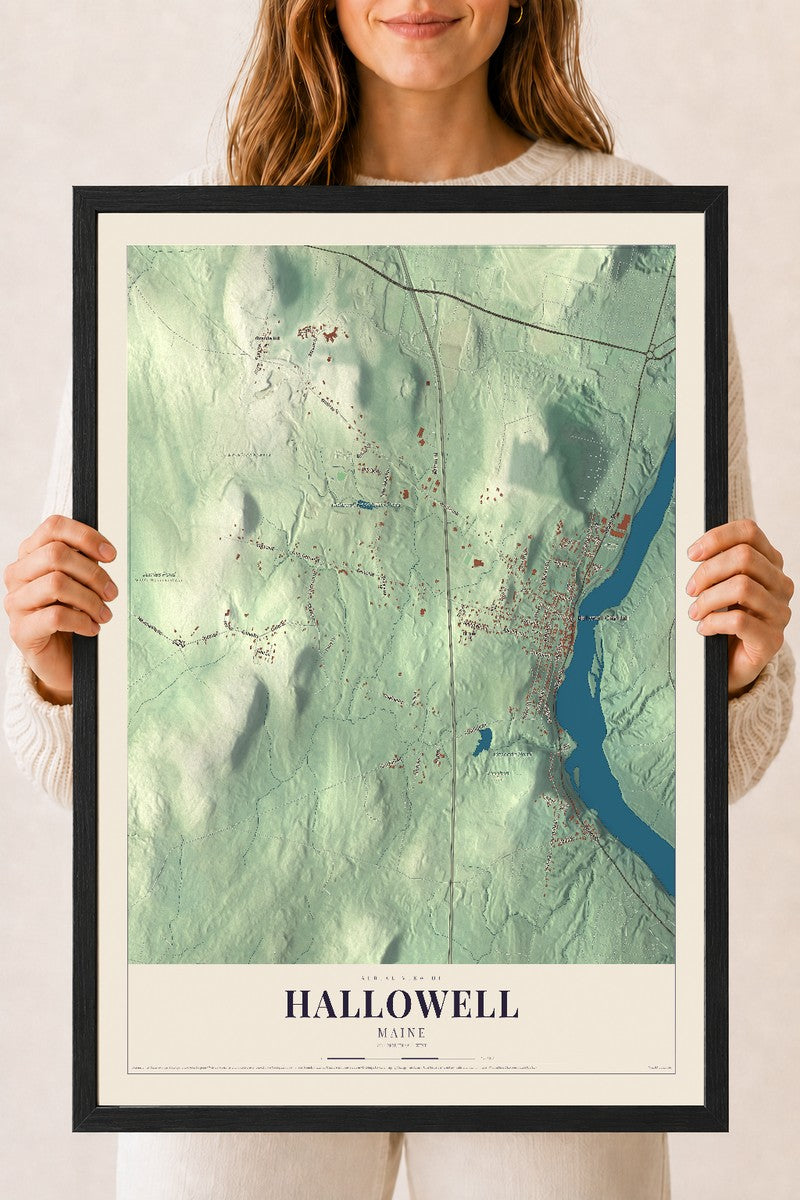 Hallowell, Maine map print - 18 x 24 black Ayous wood frame