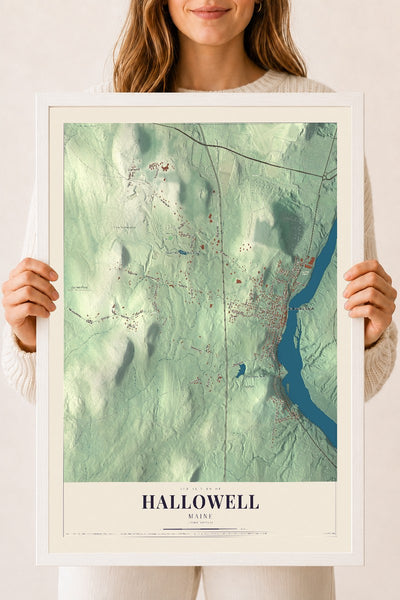 Hallowell, Maine map print - 18 x 24 white Ayous wood frame