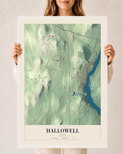 Hallowell, Maine map print - 24 x 36 white Ayous wood frame