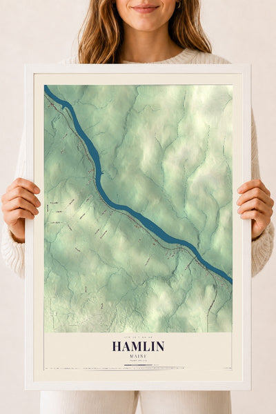 Hamlin, Maine map print - 18 x 24 white Ayous wood frame