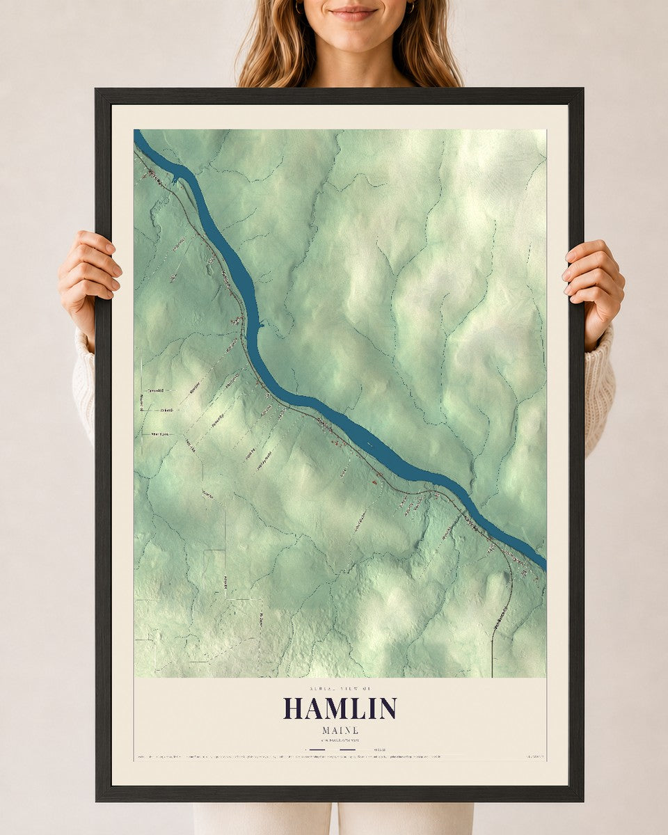 Hamlin, Maine map print - 24 x 36 black Ayous wood frame