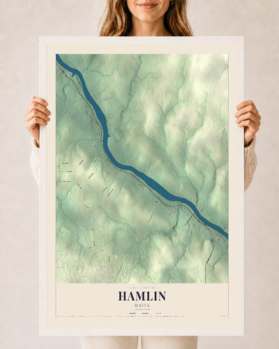 Hamlin, Maine map print - 24 x 36 white Ayous wood frame