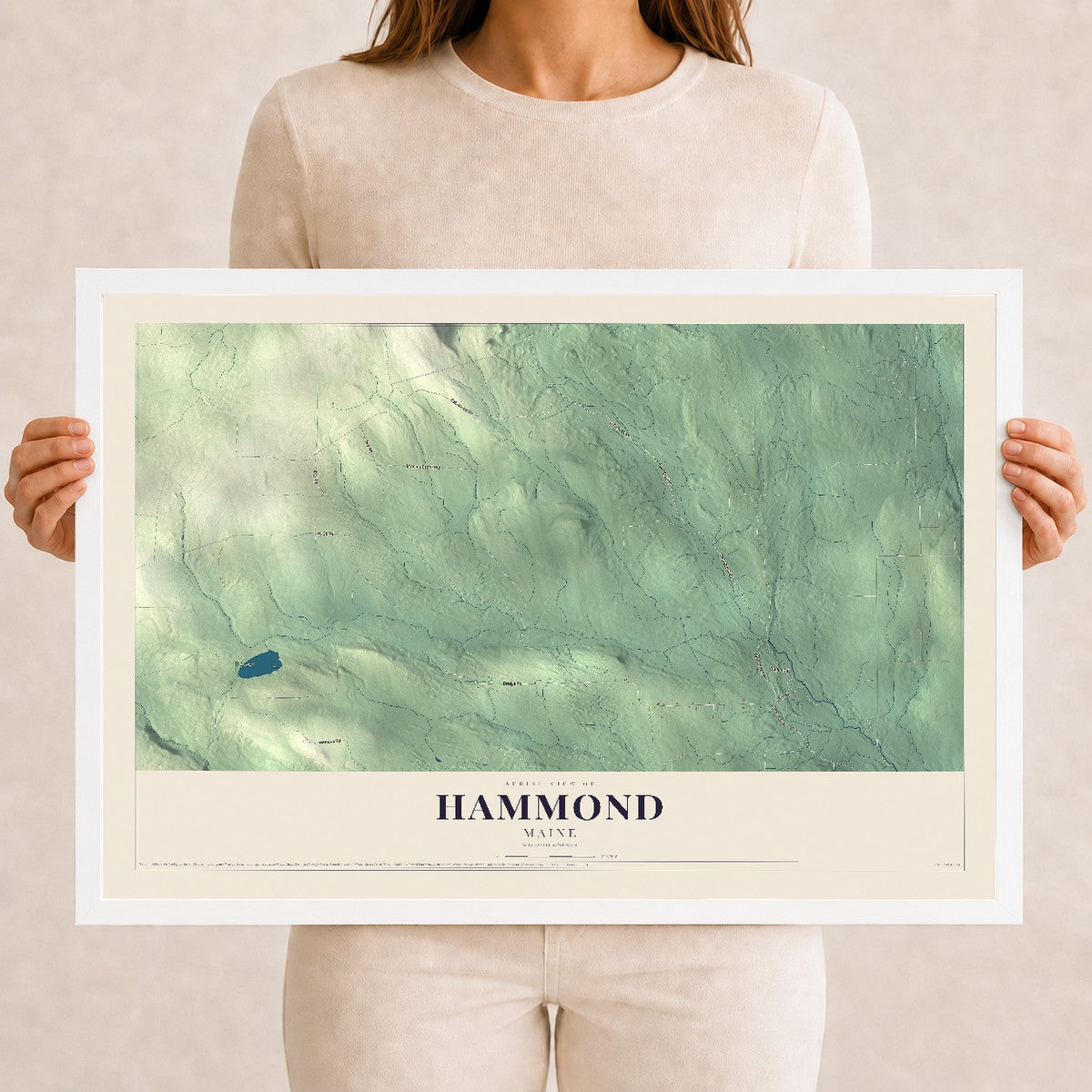 Hammond, Maine map print - 12 x 18 white Ayous wood frame