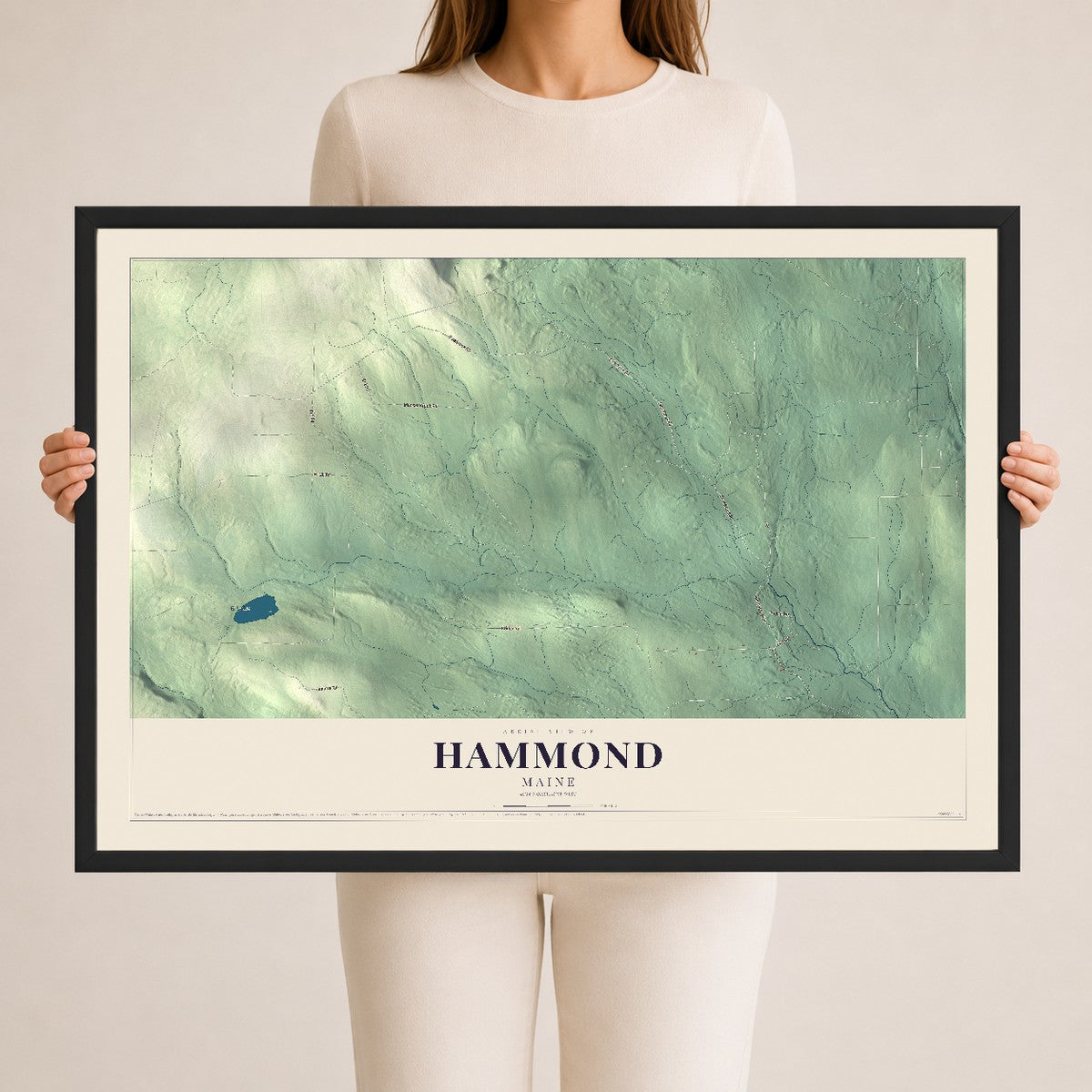 Hammond, Maine map print - 24 x 36 black Ayous wood frame