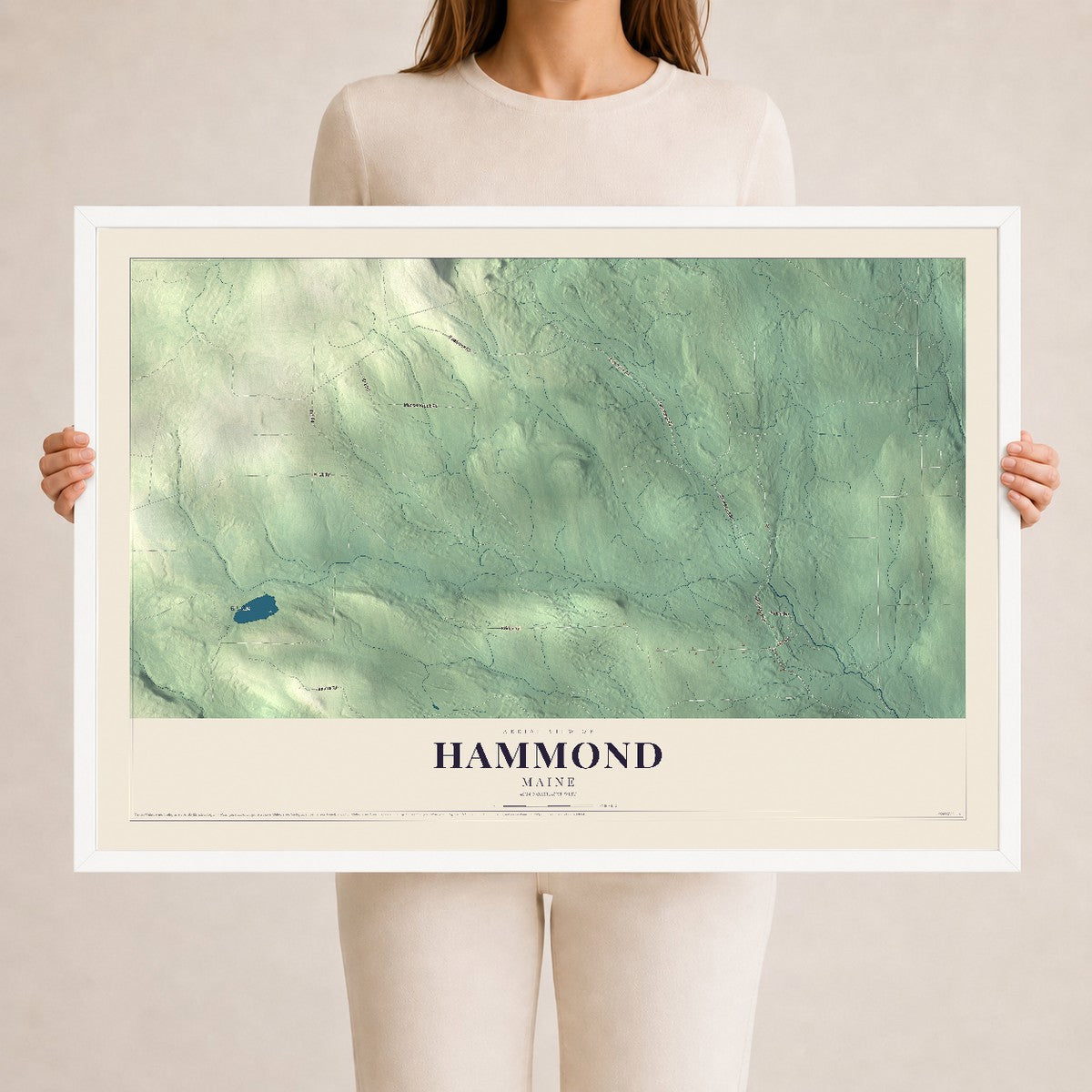 Hammond, Maine map print - 24 x 36 white Ayous wood frame