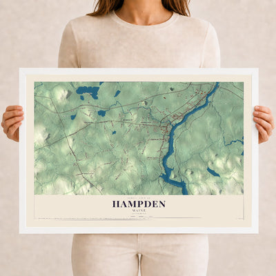 Hampden, Maine map print - 12 x 18 white Ayous wood frame