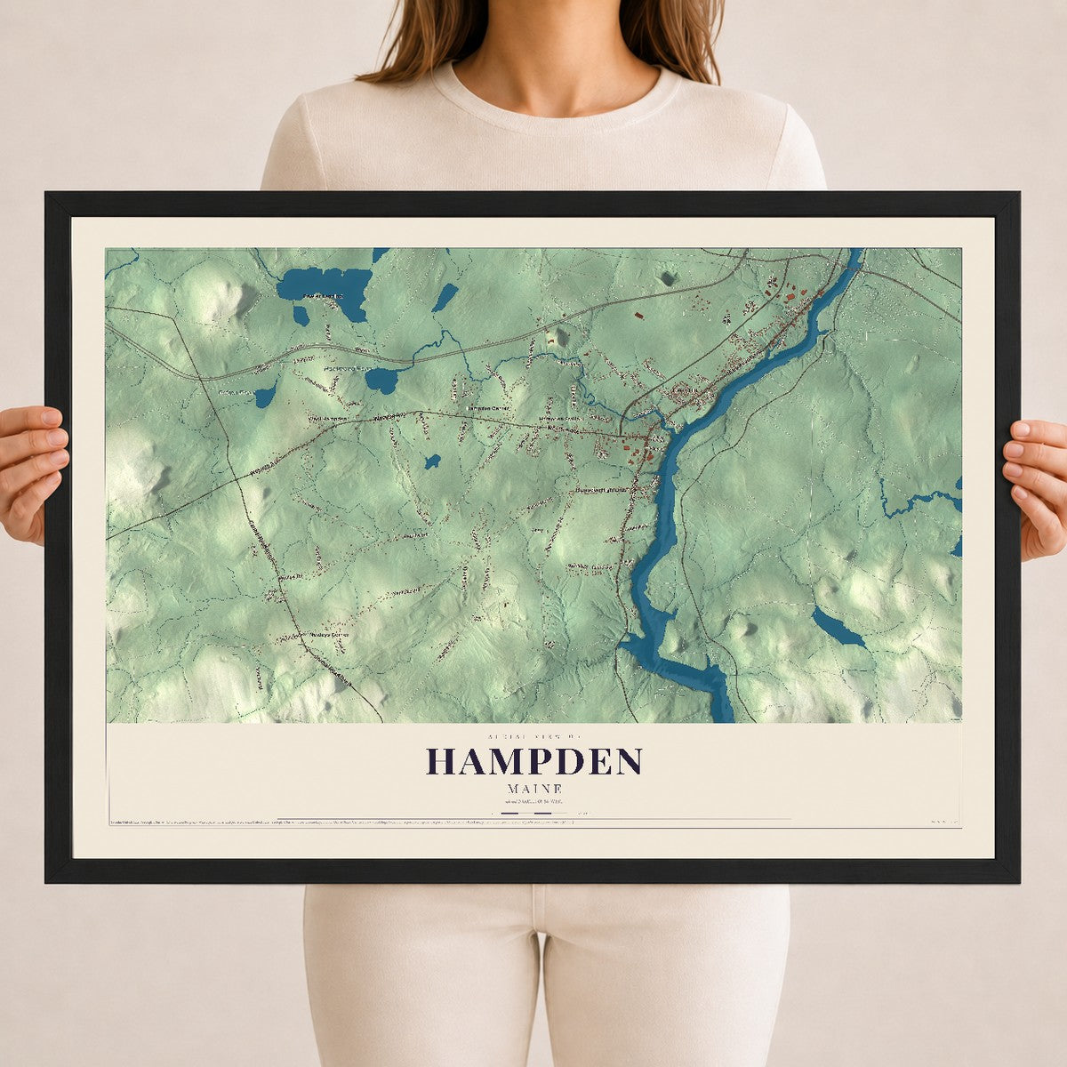 Hampden, Maine map print - 18 x 24 black Ayous wood frame