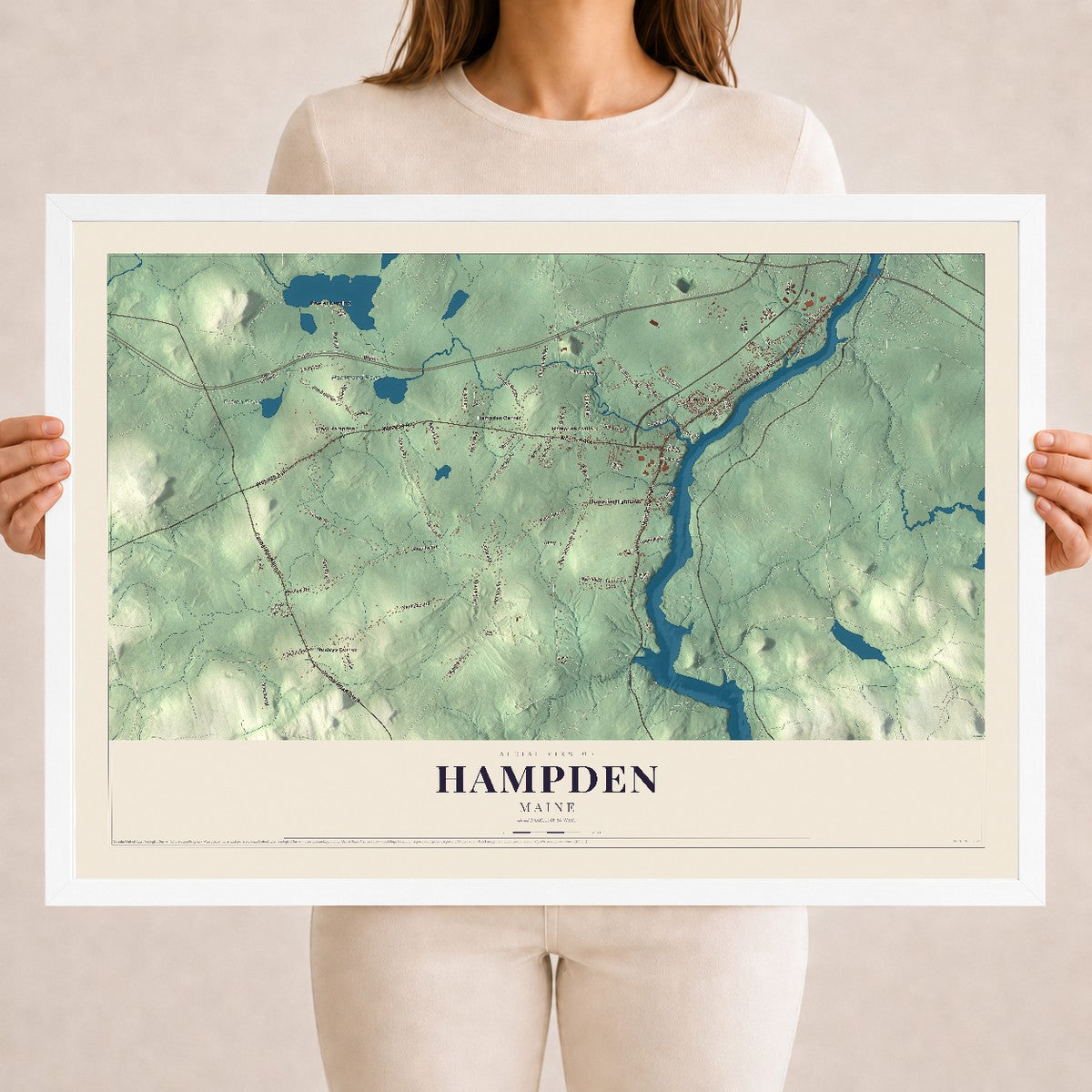 Hampden, Maine map print - 18 x 24 white Ayous wood frame