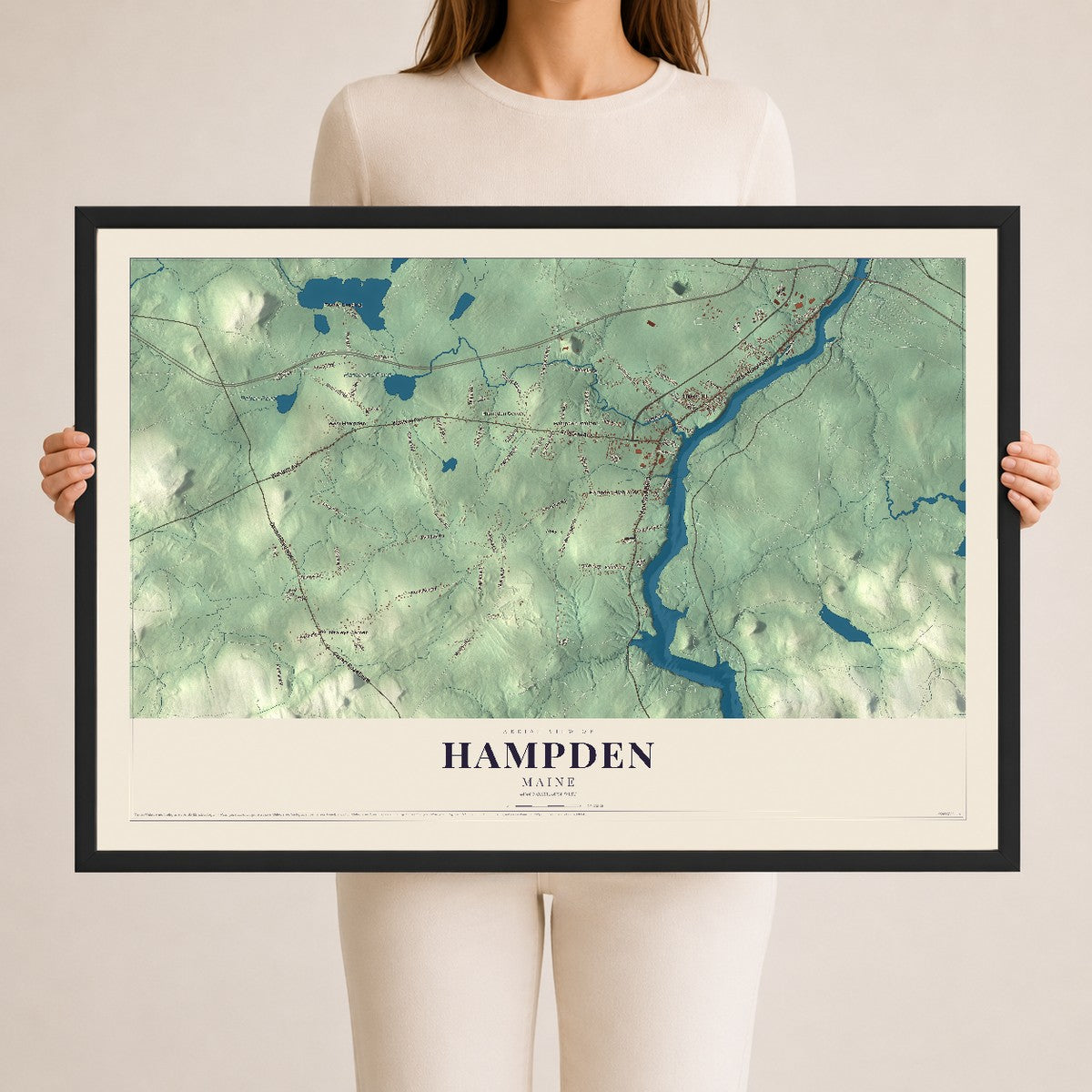 Hampden, Maine map print - 24 x 36 black Ayous wood frame