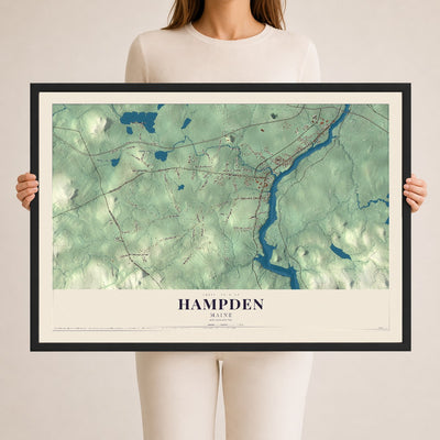 Hampden, Maine map print - 24 x 36 black Ayous wood frame