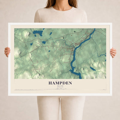 Hampden, Maine map print - 24 x 36 white Ayous wood frame