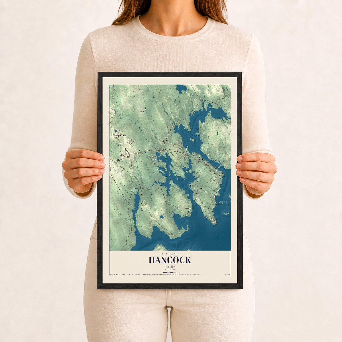 Hancock, Maine map print - 12 x 18 black Ayous wood frame