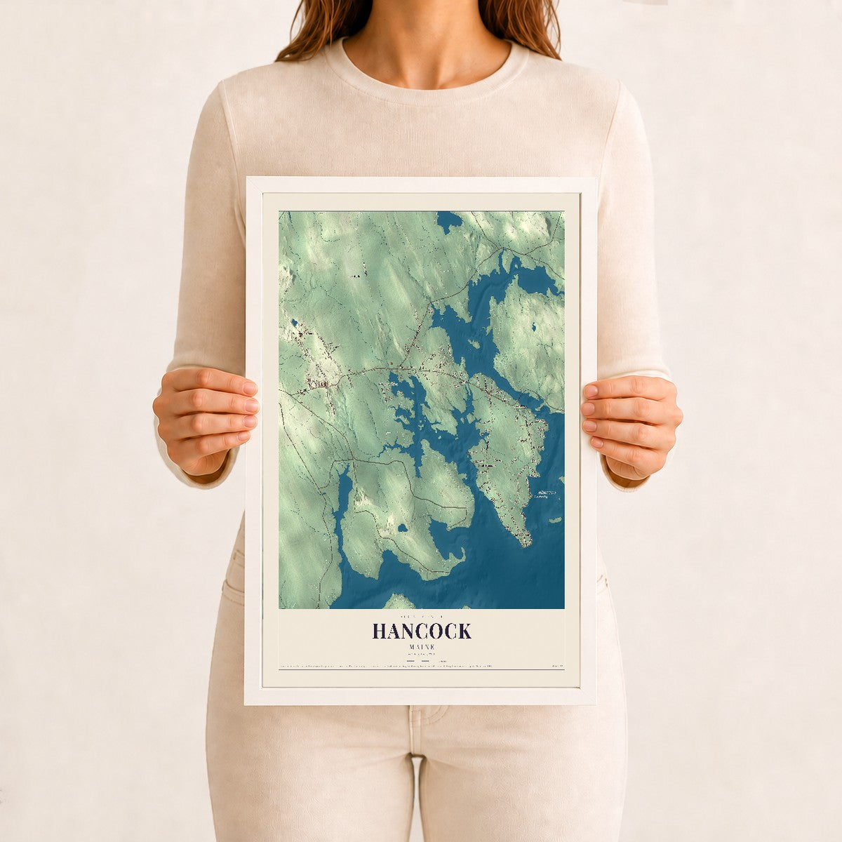 Hancock, Maine map print - 12 x 18 white Ayous wood frame