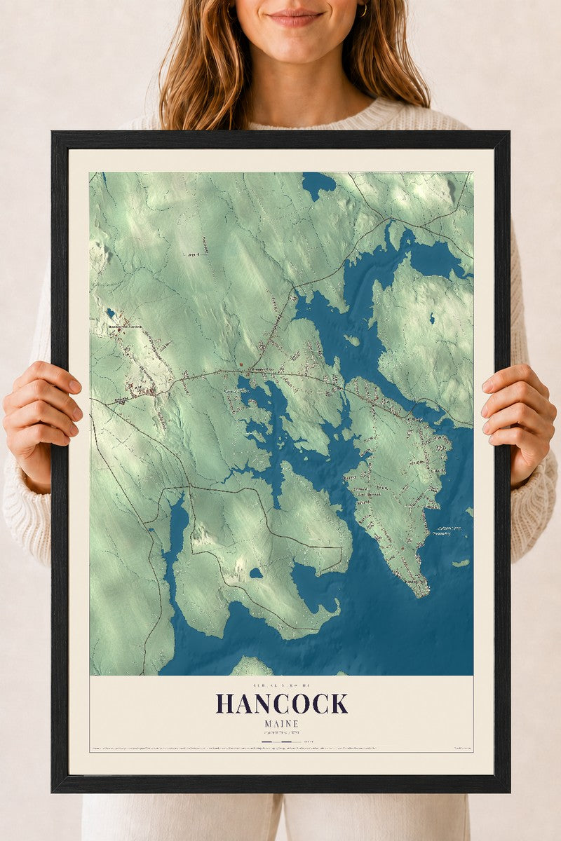 Hancock, Maine map print - 18 x 24 black Ayous wood frame