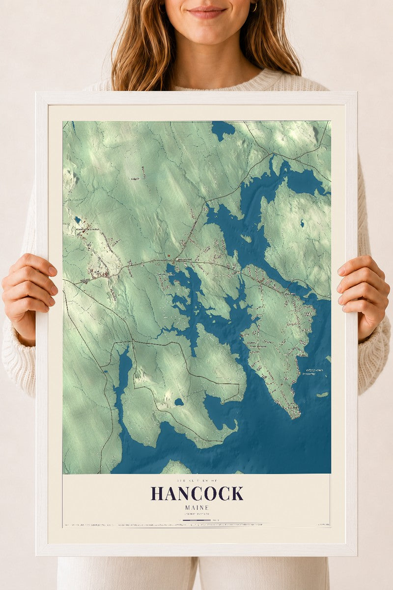 Hancock, Maine map print - 18 x 24 white Ayous wood frame