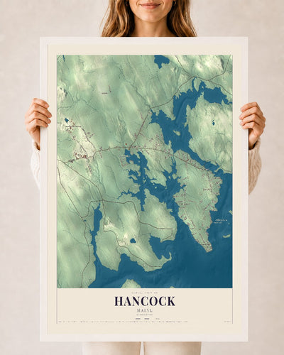 Hancock, Maine map print - 24 x 36 white Ayous wood frame