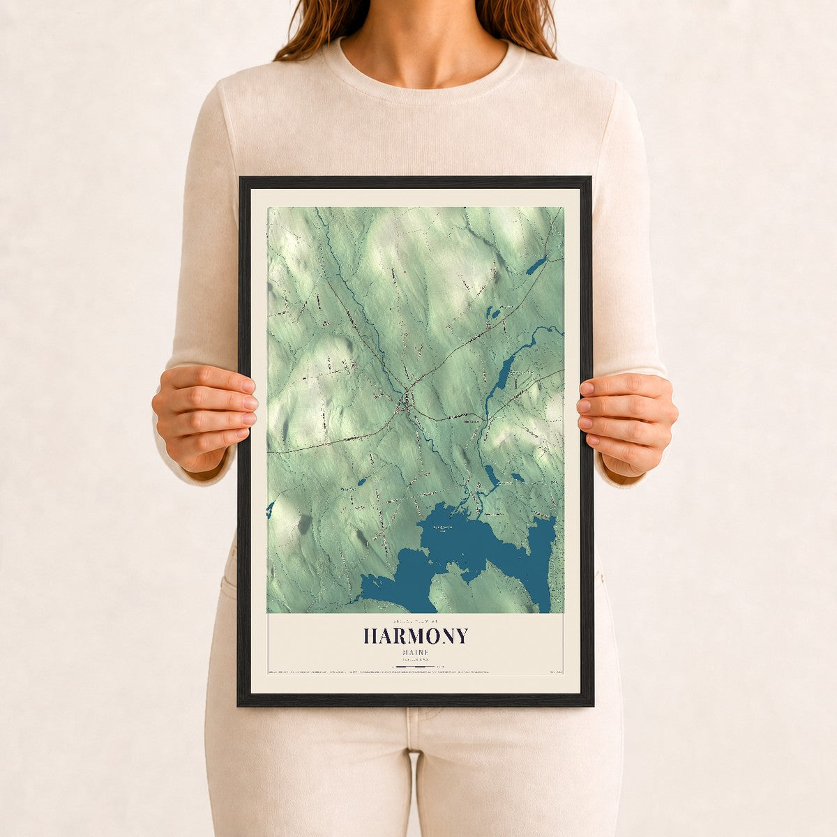 Harmony, Maine map print - 12 x 18 black Ayous wood frame